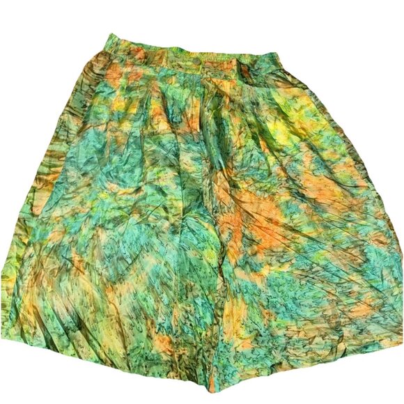 Vintage Sybil 100% Silk Shorts Large Tie Dye Green Gold Orange - Picture 1 of 8